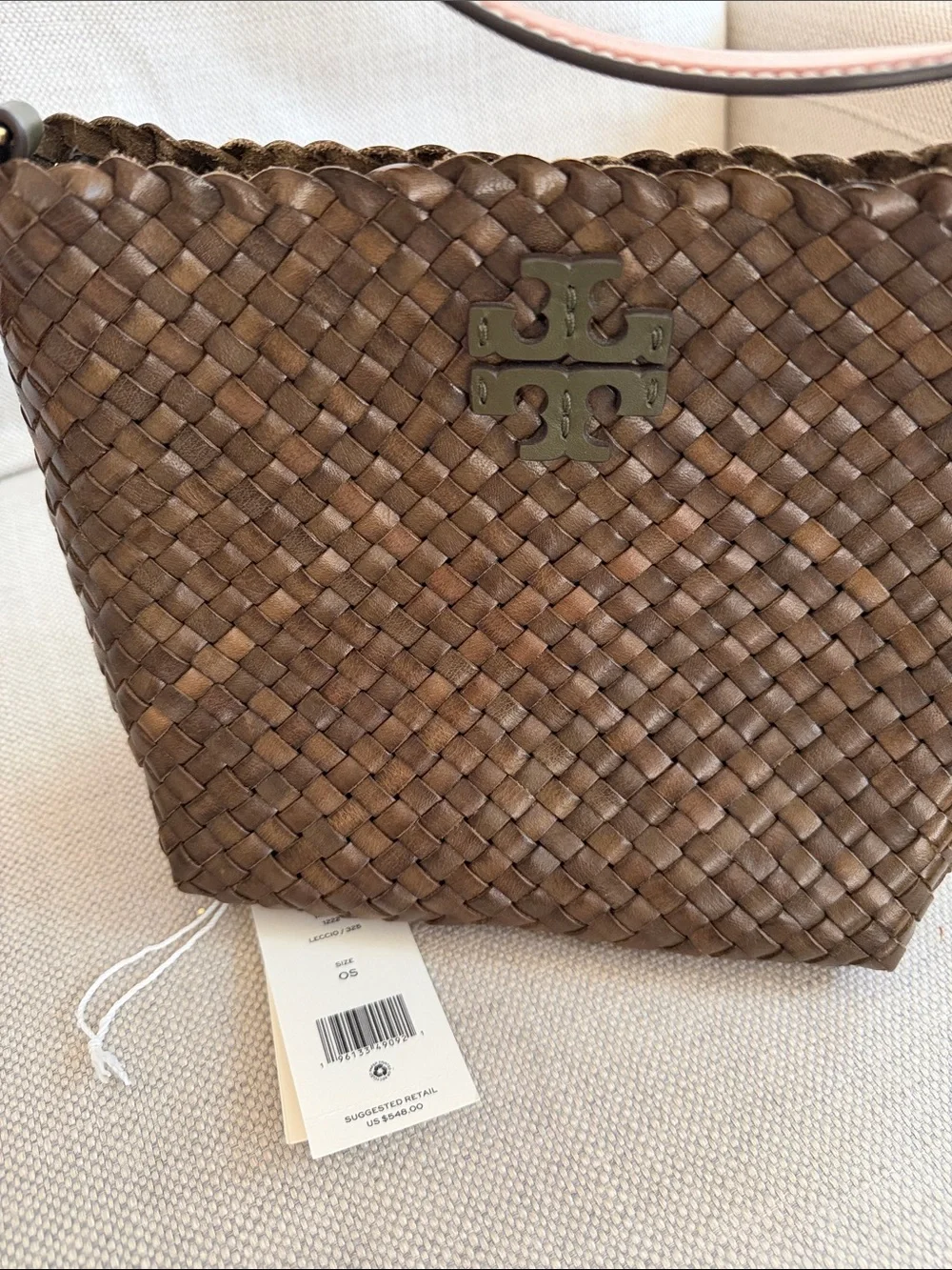 Tory Burch McGraw Woven Leather Crossbody Bucket Bag olive color